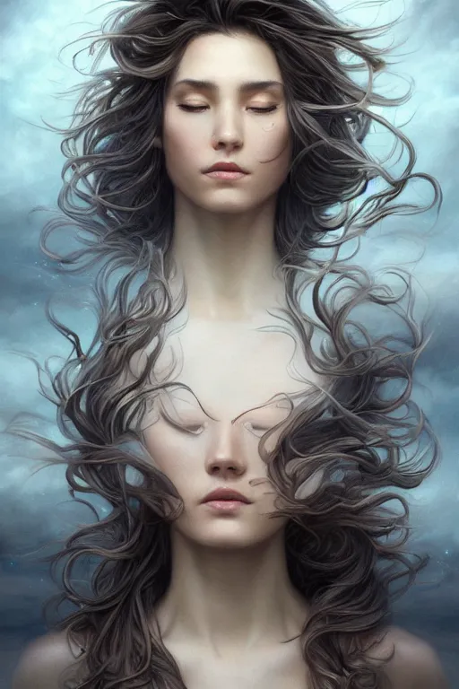 Prompt: wind blowing hair up!!! meditation trance! a celestial surreal creature, dreaming of the void, bust portrait, dnd, fantasy, intricate, elegant, highly detailed, digital painting, artstation, concept art, smooth, sharp focus, illustration, art by artgerm and tom bagshaw and greg rutkowski and alphonse mucha