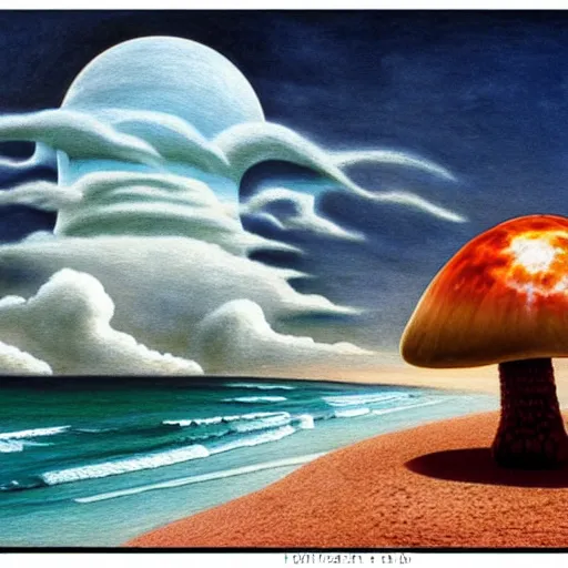 Image similar to a skeleton walking on a beach next to the ocean with nuclear bomb explosion in the background, a naturalism painting by Storm Thorgerson, featured on cg society, matte painting, realistic, chillwave, anatomically correct, light colors, photo-realistic huge mushroom-cloud in the distance