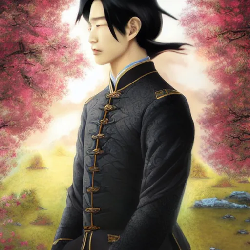 Prompt: a portrait of a young handsome Chinese prince, long black hair, golden eyes, elegant, intricate, backlit, incredible lighting, strong rim light, subsurface scattering, realistic anime, epic beautiful landscape, cherry trees, highly detailed, god rays, digital painting, by Heise Jinyao, Heise-Lian Yan Fang, Feimo, Rossdraws, HDRI, vivid colors, high contrast, 8k