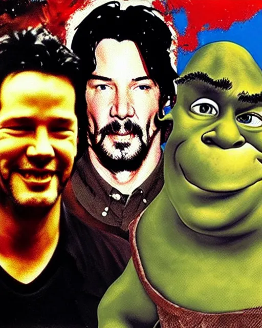 Image similar to jackson pollock painting of keanu reeves and shrek