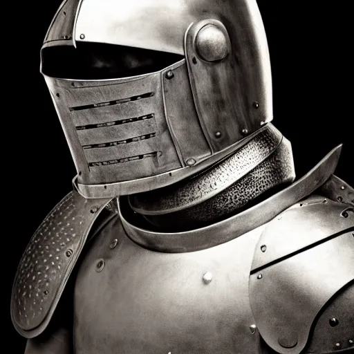 Image similar to portrait of a knight in armor, studio lighting, dark background, open helmet with face visible, photorealistic style