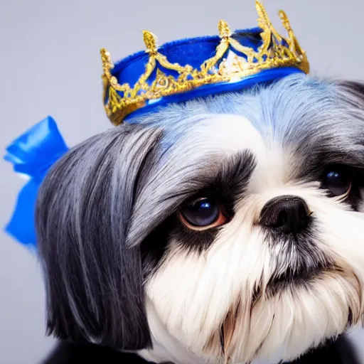 Prompt: Professional Photograph of a Blue Shih Tzu wearing a crown