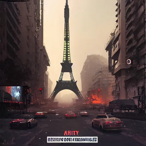 Image similar to A beautiful intricate 8K award-winning ground-level cinematic movie photograph of the future apocalyptic Eiffel Tower surrounded by corporate billboards, destroyed and decaying. in the year 2043, by Bruno Delbonnel and greg rutkowski. Arri Alexa 65, IMAX 70mm footage. Dirty billboards. Cinematic lighting