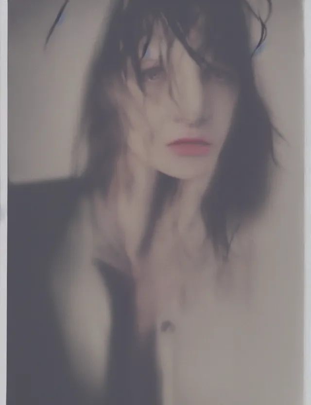 Image similar to polaroid photo with flash, non ordinary beauty female model, in a oversize blazer, polaroid photo bleached strong lights, kodak film stock, hyper real, stunning moody cinematography, with anamorphic lenses, by maripol, detailed