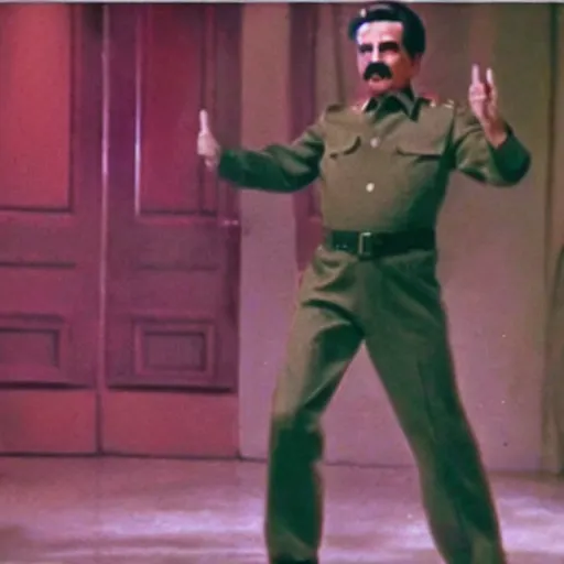 Image similar to A movie still of Stalin wearing a disco suit in Satuday Night Fever