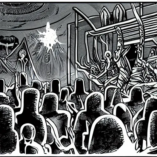 Image similar to cultist ritual in a crowded alien temple, dark vintage sci fi, illustration