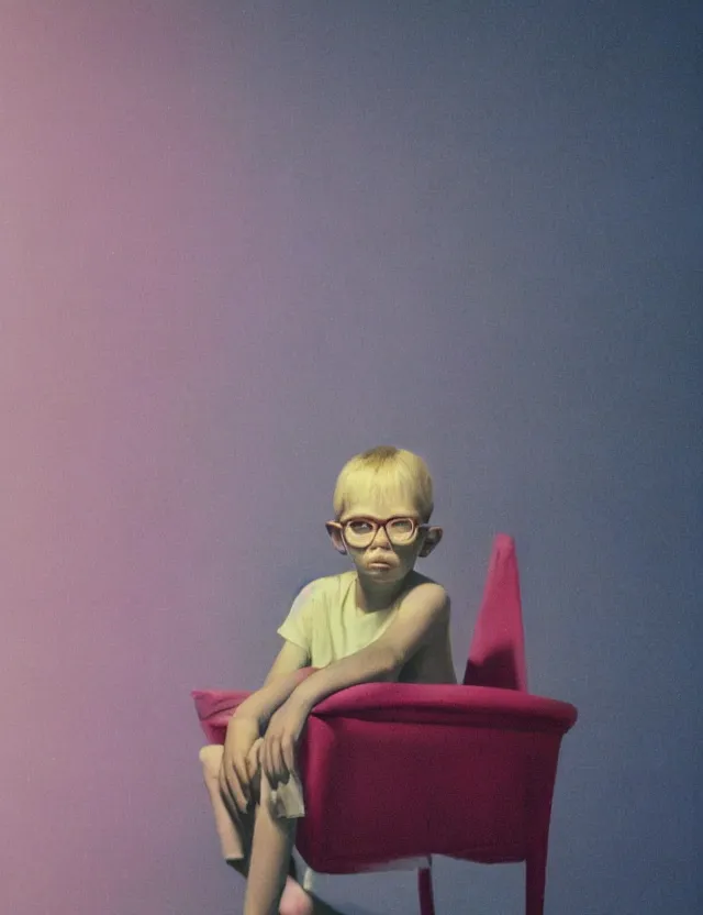 Prompt: boy in dark room sitting on a chair infront of tv, blue rays from tv, redshift, wide shot, coloured polaroid photograph, pastel, kodak film, hyper real, stunning moody cinematography, by maripol, fallen angels by wong kar - wai, style of suspiria and neon demon, david hockney, detailed, oil on canvas