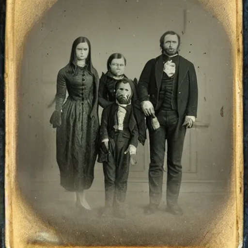 Prompt: creepy cursed daguerreotype portrait photo of a 1800's alien family standing in front of a Victorian house, Hyperrealism. Weirdcore