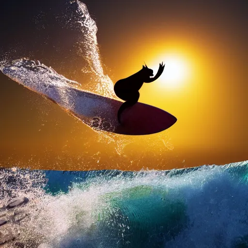Image similar to a closeup photorealistic photograph of a happy tiger hippopotamus surfing a large wave during sunset. surf in the background. professional capture. brightly lit scene. this 4 k hd image is trending on artstation, featured on behance, well - rendered, extra crisp, features intricate detail, epic composition and the style of unreal engine.