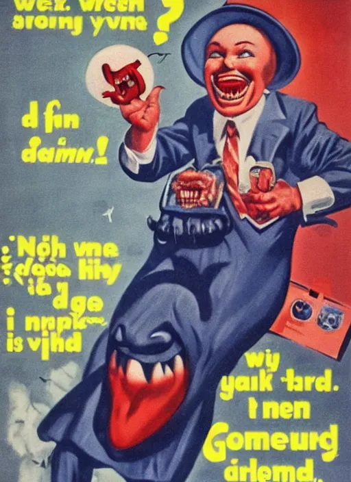 Image similar to creepy Gman with a scary comically large smile, 1940s scare tactic propaganda art