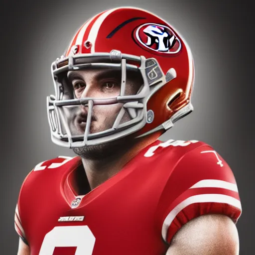 Prompt: Portrait of George Kittle wearing a San Francisco 49ers shirt, ultradetailed, studio lightning, trending on artstation, concept art