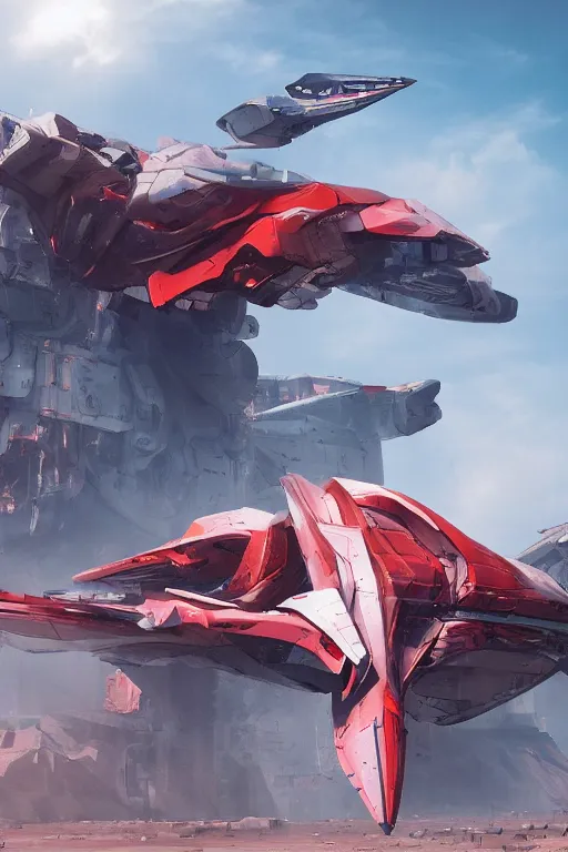 Image similar to professional photograph of a beautiful neo - futuristic simplified symmetrical mecha spacecraft docked in desert by ilm, denis villeneuve, emmanuel shiu, zaha hadid, vapor, cinematic architectural scale, red paint detail, manga, dramatic, volumetric, concept art, hard surface, hyperrealism, high detail, trending on artstation, sharp focus, rendered in octane