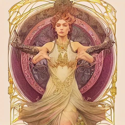 Image similar to god, highly detailed, very intricate, art nouveau, gold filigree, soft cinematic lighting, award winning, tarot concept art watercolor illustration by mandy jurgens and alphonse mucha and alena aenami, pastel color palette, featured on artstation