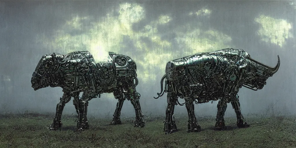 Prompt: angry, screaming cybernetic metallic chrome bison, made of neon light, volumetric lighting, by caspar david friedrich and wayne barlowe and ted nasmith