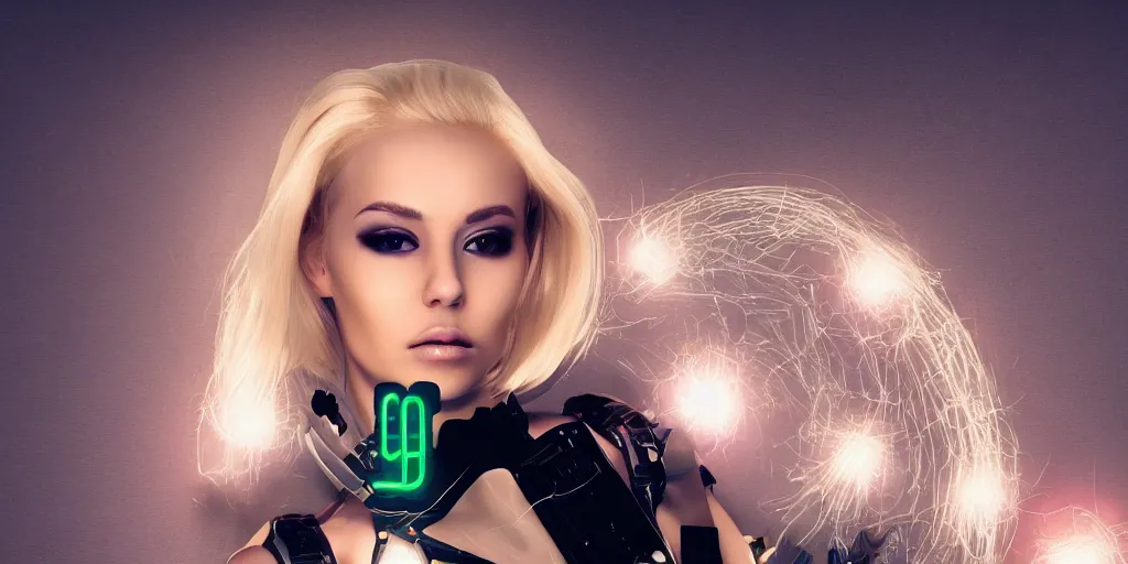 Image similar to a beautiful female blonde android cyborg neon light