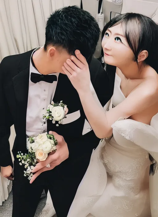 Image similar to saitama one punch man instagram couple's wedding photo shoot, closeup photo