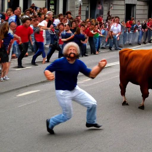 Image similar to screaming bob ross running from a bull in pamplona spain