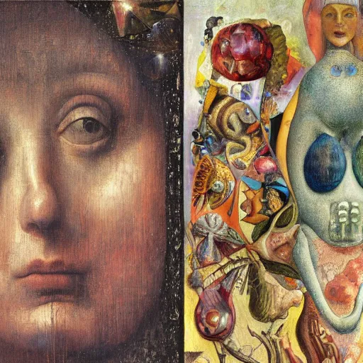 Image similar to an oil painting by arcimboldo, by georgia o keeffe, by botticelli, by giger, by frank frazetta, by gustave moreau, by seurat, seen through a kaleidoscope, vanity, broken, nerve system, medical, jewels, nebula, space, tonalism, merged