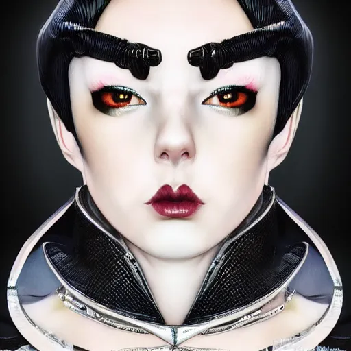 Image similar to A masterpiece portrait of a Incredibly beautiful futuristic high fashion queer rubber succub model girl . with a collar on her neck. barocco royal fetish dress. medium shot, intricate, elegant, highly detailed. trending on artstation, digital art, by Stanley Artgerm Lau, WLOP, Rossdraws, James Jean, Andrei Riabovitchev, Marc Simonetti, Yoshitaka Amano