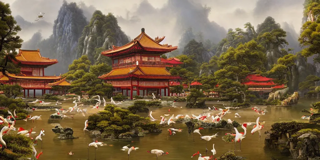 Image similar to it is a paradise with ancient chinese characteristics. it has a high degree of fantasy. there are pavilions in the air, koi jumping in the air, and fairy birds and animals such as cranes and deer coexist with people. it is the life scene of the ancient people, a detailed matte painting by christophe vacher and albert bierstadt