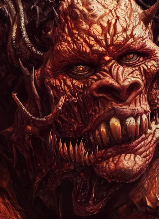 Image similar to close up portrait of a monster in the mountains of hell, oil painting by tomasz jedruszek, cinematic lighting, pen and ink, intricate line, hd, 4 k, million of likes, trending on artstation