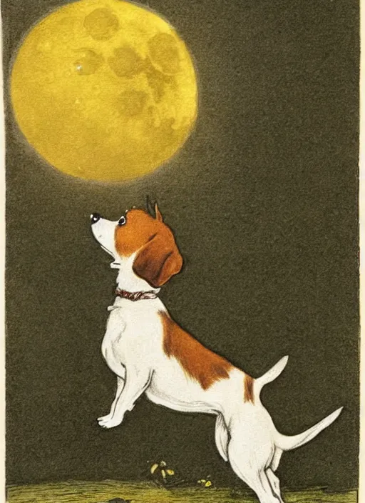 Image similar to candid portrait of a jack russel terrier howling up at the yellow moon, illustrated by peggy fortnum and beatrix potter and sir john tenniel