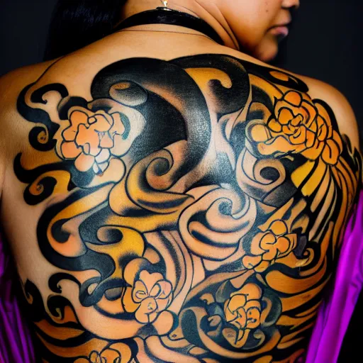 Image similar to photography of the back of a woman with a black detailed irezumi tatto representing a gold tiger with pink flowers on her entire back, dark hangar background, mid-shot, editorial photography