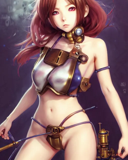 Image similar to portrait Anime Girl in bikini armor steampunk cute-fine-face, pretty face, realistic shaded Perfect face, fine details. Anime. Bioshock steampunk realistic shaded lighting by katsuhiro otomo ghost-in-the-shell, magali villeneuve, artgerm, rutkowski Jeremy Lipkin and Giuseppe Dangelico Pino and Michael Garmash and Rob Rey