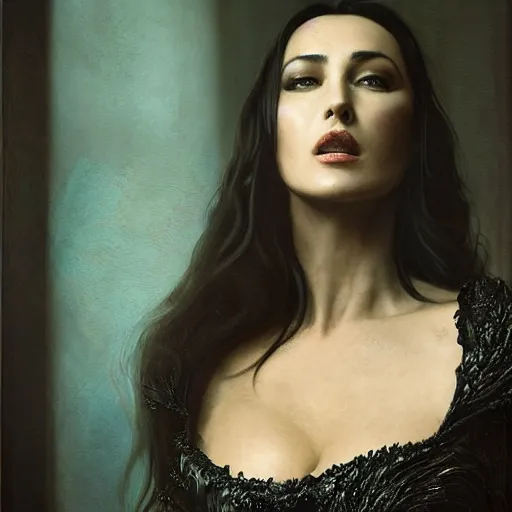 Image similar to majestic gracious regal aristocratic raven haired monica bellucci as the vampire pandora portrait, indoors, atmospheric lighting, painted, intricate, volumetric lighting, beautiful, rich deep colours masterpiece, sharp focus, ultra detailed, by leesha hannigan, ross tran, thierry doizon, kai carpenter, ignacio fernandez rios