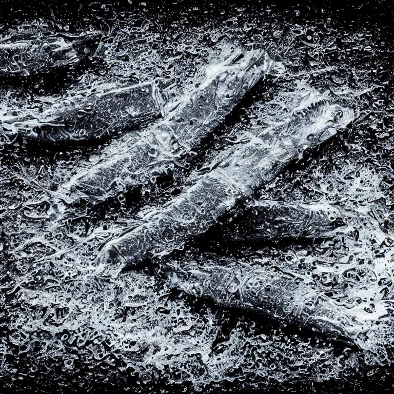 Prompt: Soaking wet soggy fish stick drenched with a stream water from a faucet on a moist wet plate. Very wet delicious fish sticks with specular highlights. Water drips from the wet fish sticks. Macro lens close up shot 8K food commercial shot award winning