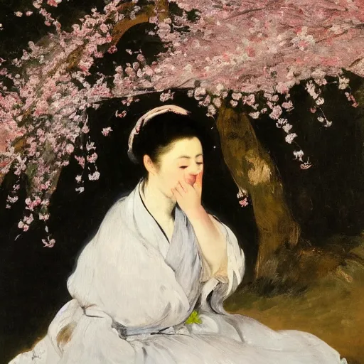 Prompt: a crying woman in a white gown kneeling at a beautiful shrine under a cherry blossom tree, rainy wet, ultradetailed, hd 8 k, oil on canvas, manet, detailed brushstrokes