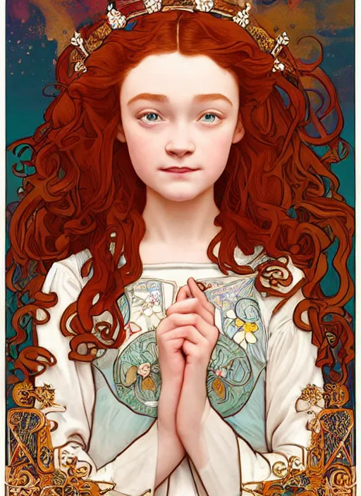 Prompt: well - lit art nouveau portrait of a 1 3 - year old girl who resembles sadie sink with red hair as a princess with intricate, ornate jewelry, natural lighting, path traced, highly detailed, high quality, cartoon, digital painting, by don bluth and ross tran and studio ghibli and alphonse mucha