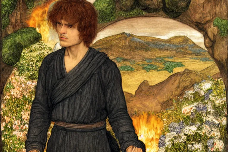 Image similar to a half - dragon warrior, standing in a volcano landscape, natural lighting, a small circle of flowers around him, very detailed, 8 k, by dante gabriel rossetti, artgerm