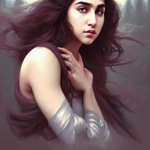 Prompt: Sara Ali Khan , colorful painting on grey scale face, powerful , magic, thunders, dramatic lighting, intricate, wild, highly detailed, digital painting, artstation, concept art, smooth, sharp focus, illustration, art by artgerm and greg rutkowski and alphonse mucha, footage