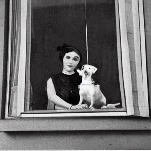 Image similar to an vintage wide snapshot from the 1 9 2 0 s shows a archduchess with posing with her dog, a jack russell terrier, outside an open window. she wears a fancy white shirt with a big bowtie, along with a dark - colored skirt. she wore her wristwatch over the cuff of her blouse in the manner of gianni agnelli.