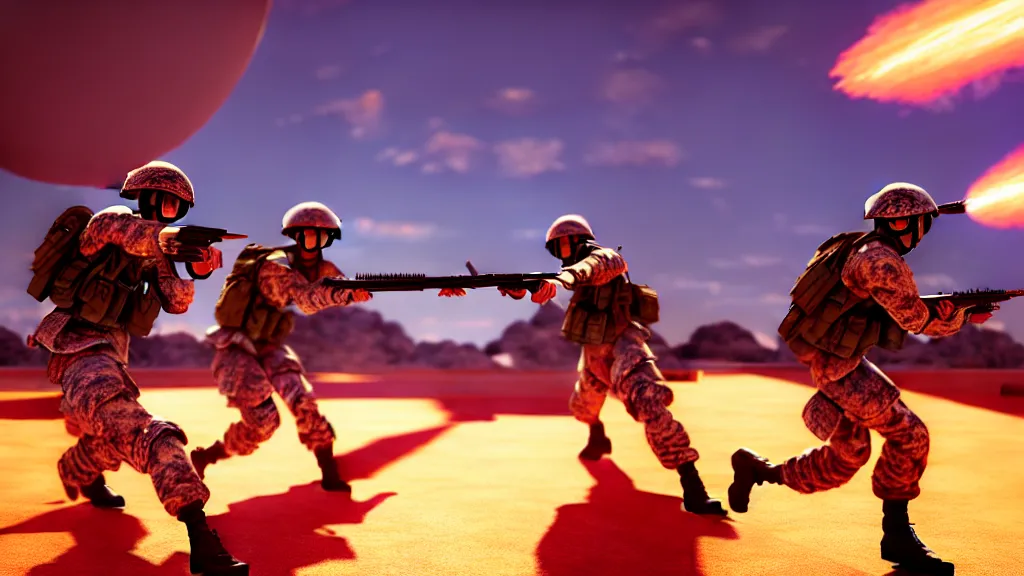 Image similar to two futuristic japanese soldiers firing away from the camera, eye catching composition, realistic, unreal engine 5, global illumination, detailed environment, bright colours, cinematic, atmosphere, 4 k