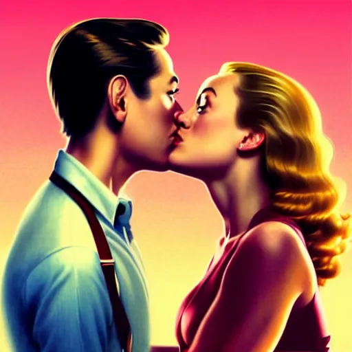 Image similar to brie larson and amber heard kissing, full body portrait, natural lights, photorealism, dramatic, cinematic, art by artgerm, rossdraws, norman rockwell, magali villeneuve, gil elvgren, alberto vargas, earl moran, enoch bolles