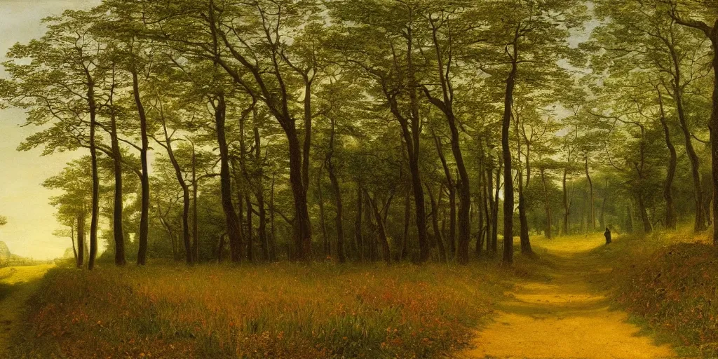 Prompt: a beautiful landscape painting of a path through countryside fields and patches of woodland, by caspar david friedrich, oil on canvas, highly detailed, hd, 4 k