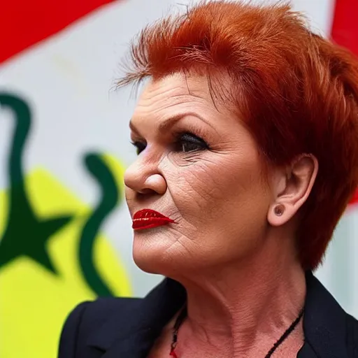 Image similar to Pauline Hanson poking out her forked snake tongue
