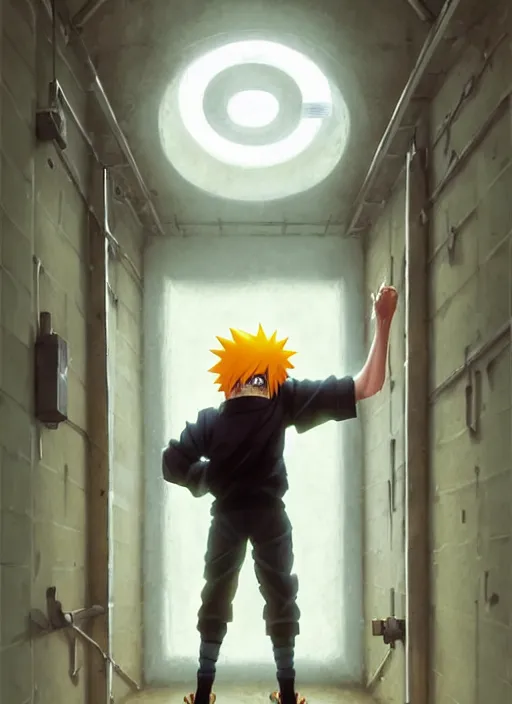 Image similar to highly detailed prison cell with naruto uzumaki with black hair, hitting a wall, art by greg rutkowski, loish, rhads, ferdinand knab, makoto shinkai and lois van baarle, ilya kuvshinov, rossdraws, tom bagshaw, global illumination, radiant light, detailed and intricate environment