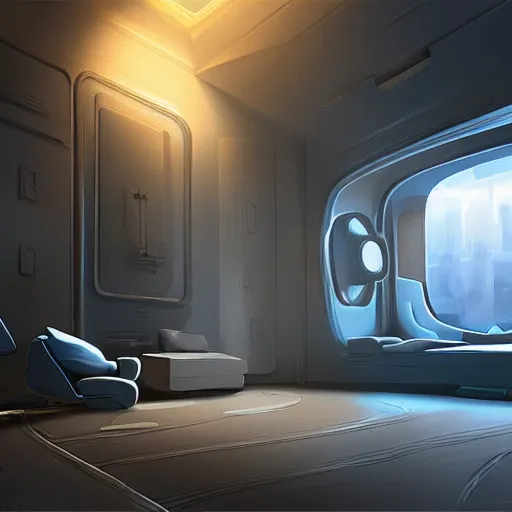 Image similar to futuristic room, crisp, artstation, luxury, beautiful, dim painterly lighting, 3 d concept art