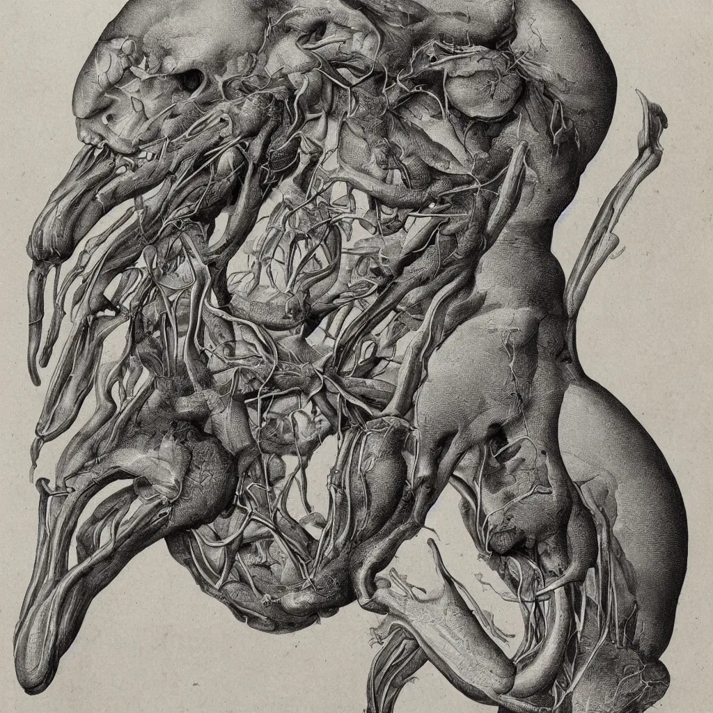 Image similar to anatomical engraving of an unknown specie, anatomical study of animal hybrids from another universe