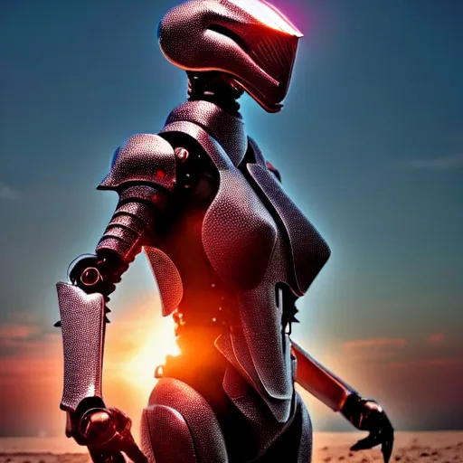 Prompt: cinematic body shot, realistic detailed stunning beautiful armored humanoid anthropomorphic female robot dragon, looking to the side with an elegant pose of hand on hip, smooth and streamlined armor and design made of steel, sharp claws and sharp teeth, high quality head, Slick LEDs, on the beach during sunset, high quality, cinematic art, sci fi, sunset lighting, 3D render, 8k, artstation, deviantart, furaffinity