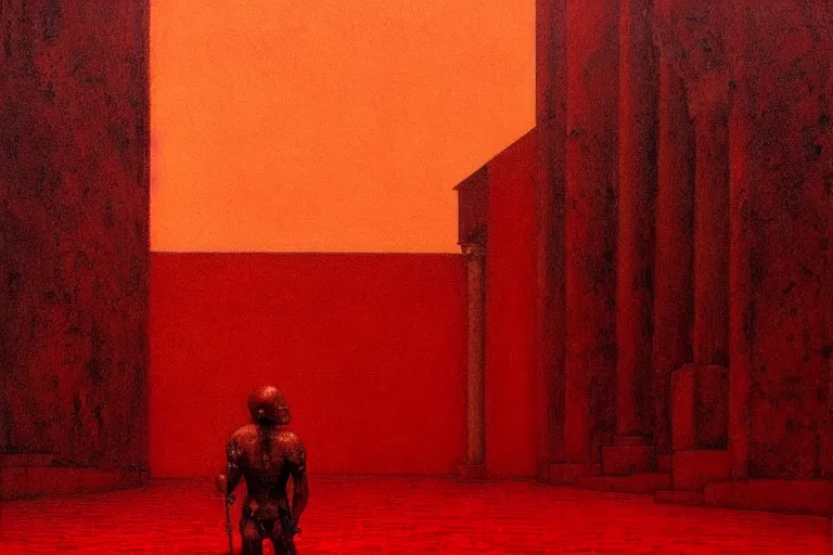 Image similar to only with red, caesar after war, a red tiger, in hoc signo vinces, rome in background, an ancient path, in the style of beksinski, part by hopper, part by rodcenko, part by hofbauer, intricate composition, red by caravaggio, insanely quality, highly detailed, masterpiece, red light, artstation