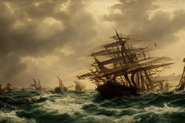 Prompt: Giant squid attempts to pull a ship into the ocean with it's tentacles . . painting by Louis Philippe Crepin. smoke and flashes . 8k octane beautifully detailed render, post-processing, extremely hyper-detailed, intricate, epic composition, highly detailed attributes, highly detailed atmosphere, cinematic lighting, masterpiece.