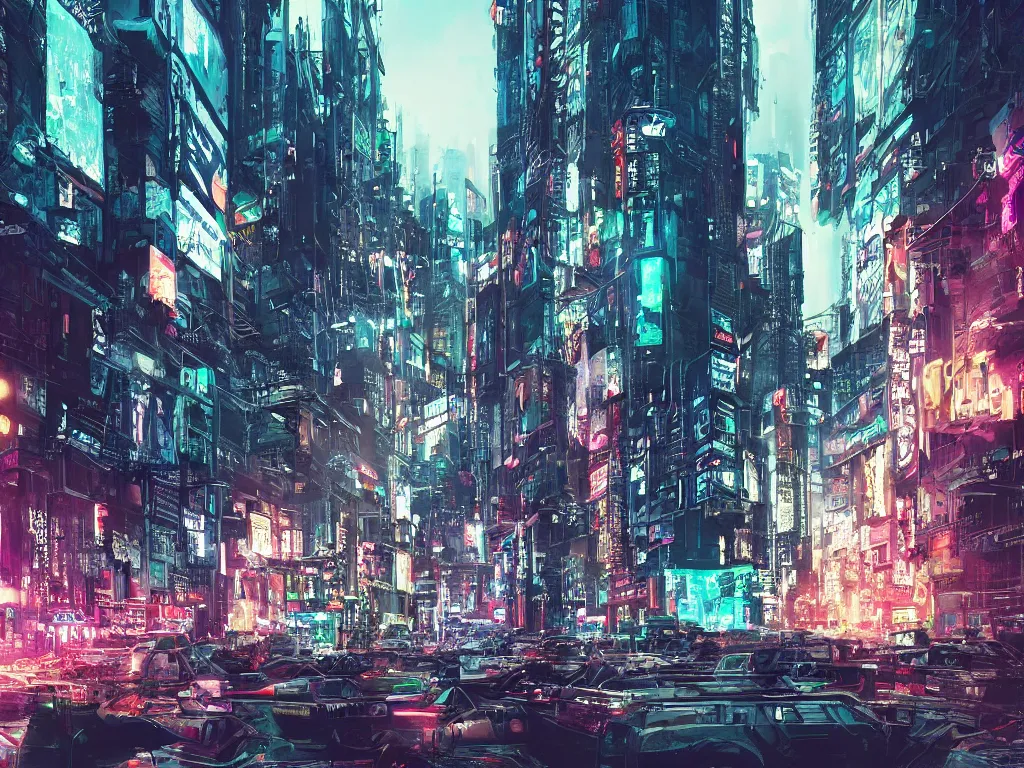 Image similar to a cinematic busy cyberpunk street in a mega city, large mega corp buildings dominate the skyline at dusk, cyberpunk art by liam wong, cgsociety, retrofuturism, futuristic, cityscape, dystopian art