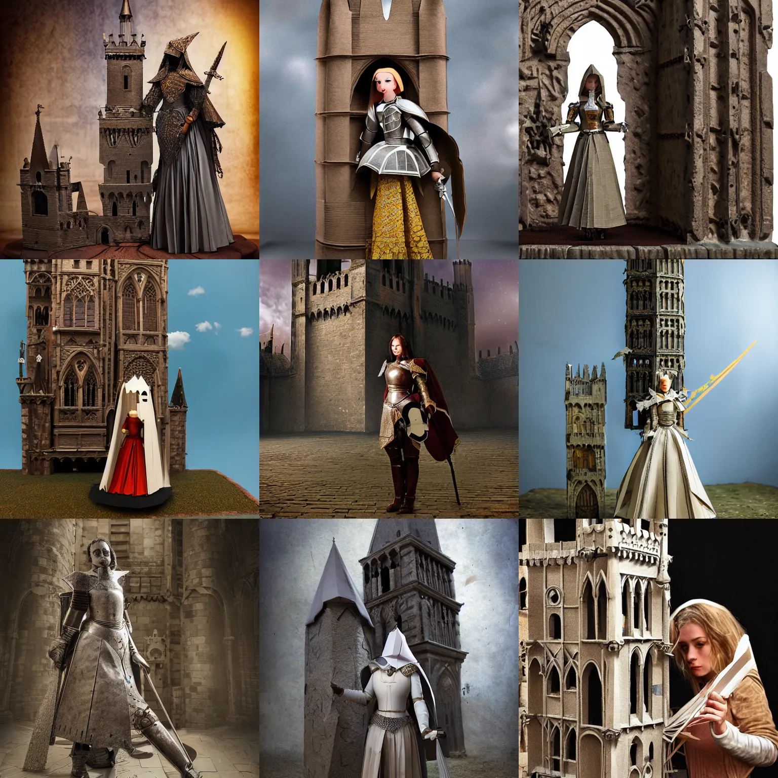 Prompt: a lovely female knight made of paper came to rescue her beloved one, she stand at the front of a gothic tower made of cardboard, single face, full-body, tonal color, cute, cinematic, hyper realist, matte painting, Da Vinci, wide angle shot , high resolution, 8k, rule of thirds, insanely detailed and intricate, beautiful, cinematic