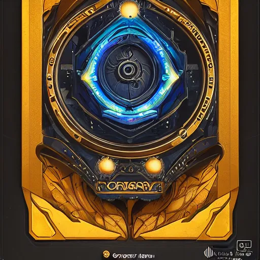 Image similar to Boardgame card back, galaxy, sci-fi, horror, cyberpunk, ornamental edges, sharp, intricate, symmetrical, Lovecraftian, purple, gold, black and blue, tzeentch, by greg rutkowski and alphonse mucha, 8k, trending on artstation, Cenfered-H 768