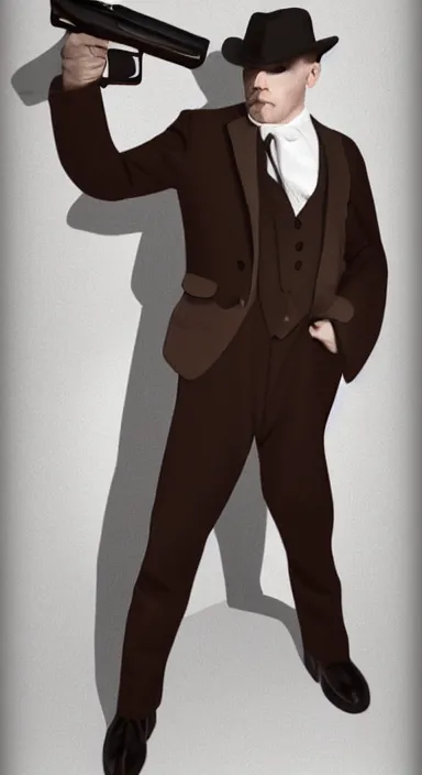 Image similar to Full body portrait of a man with a stern look dressed in a 1920s attire. He is pointing a gun and seems mentally unstable. 4K, dramatic lighting