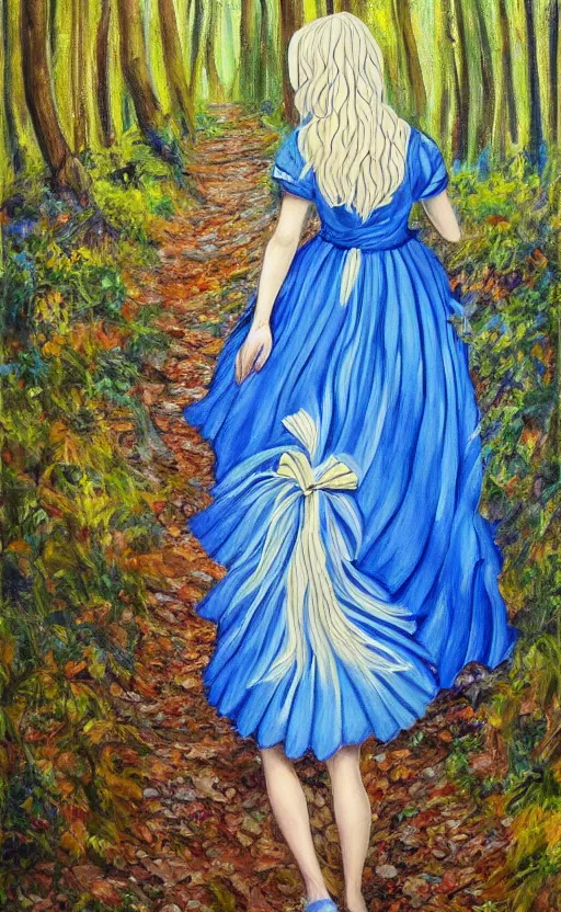 Prompt: a beautiful detailed painting of a young blond in a blue dress woman walking through a forest, by azariy gorchakov. fairy tail. vibrant. beautiful. photorealistic. hd. hq. trending on arstation.